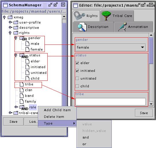 Fig. 1: SchemaManager and equivalent Editor rights tab